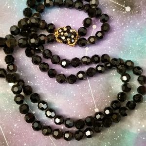 Vintage French Jet necklace two strand black glass gold tone